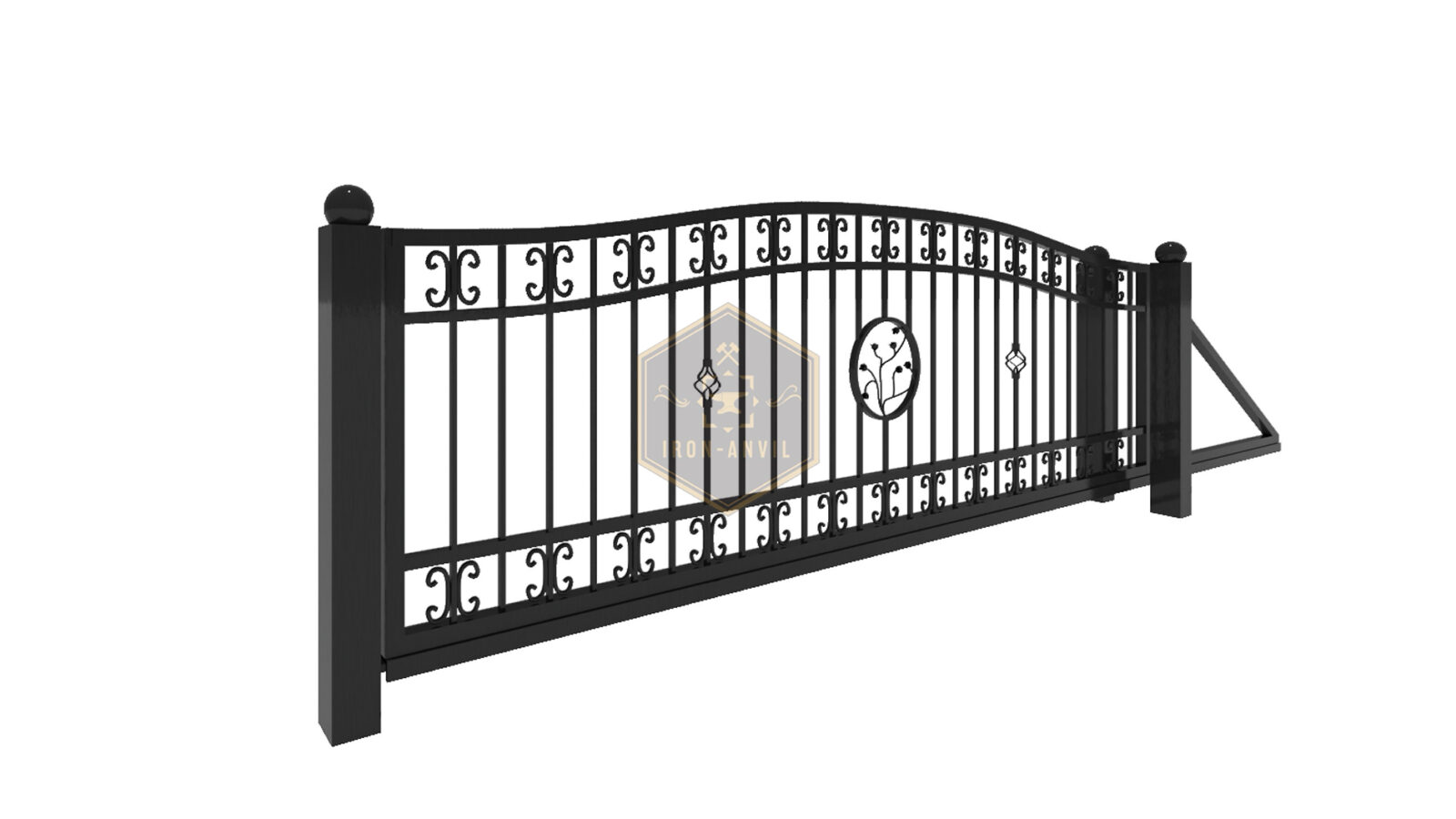 kus_15_schiebe_render2 Modell 23 – Eleganter Schmiedezaun mit C-Elementen und zentralem Ornament
